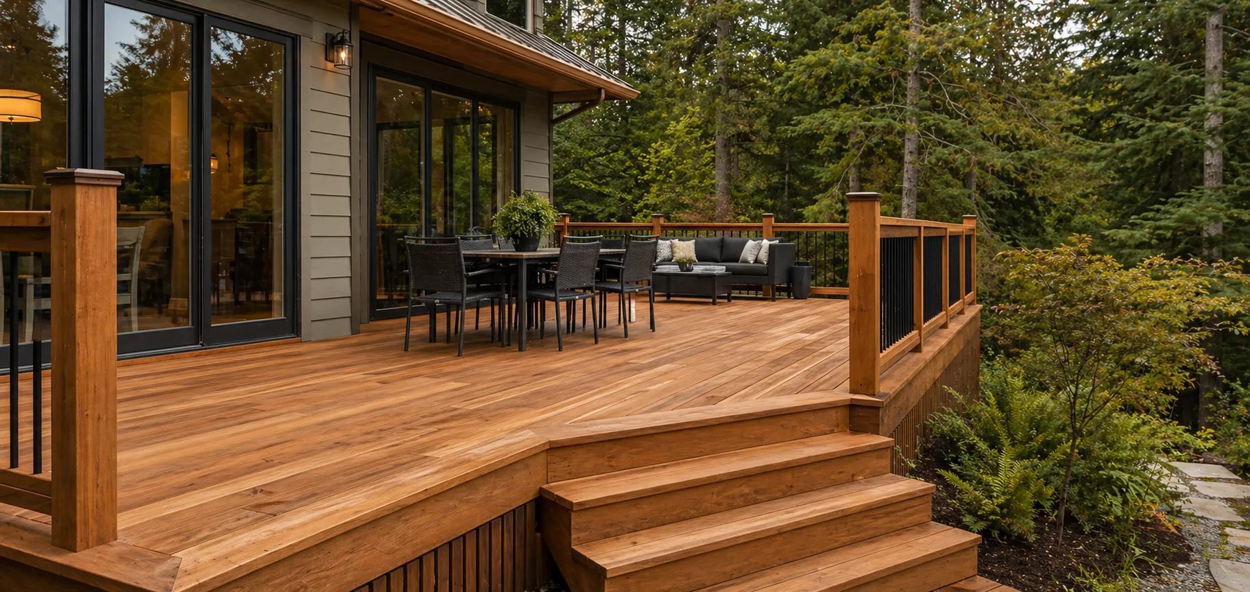 Premium cedar deck with warm natural grain, black railings, outdoor dining area, and custom stairs beside a Northwest home