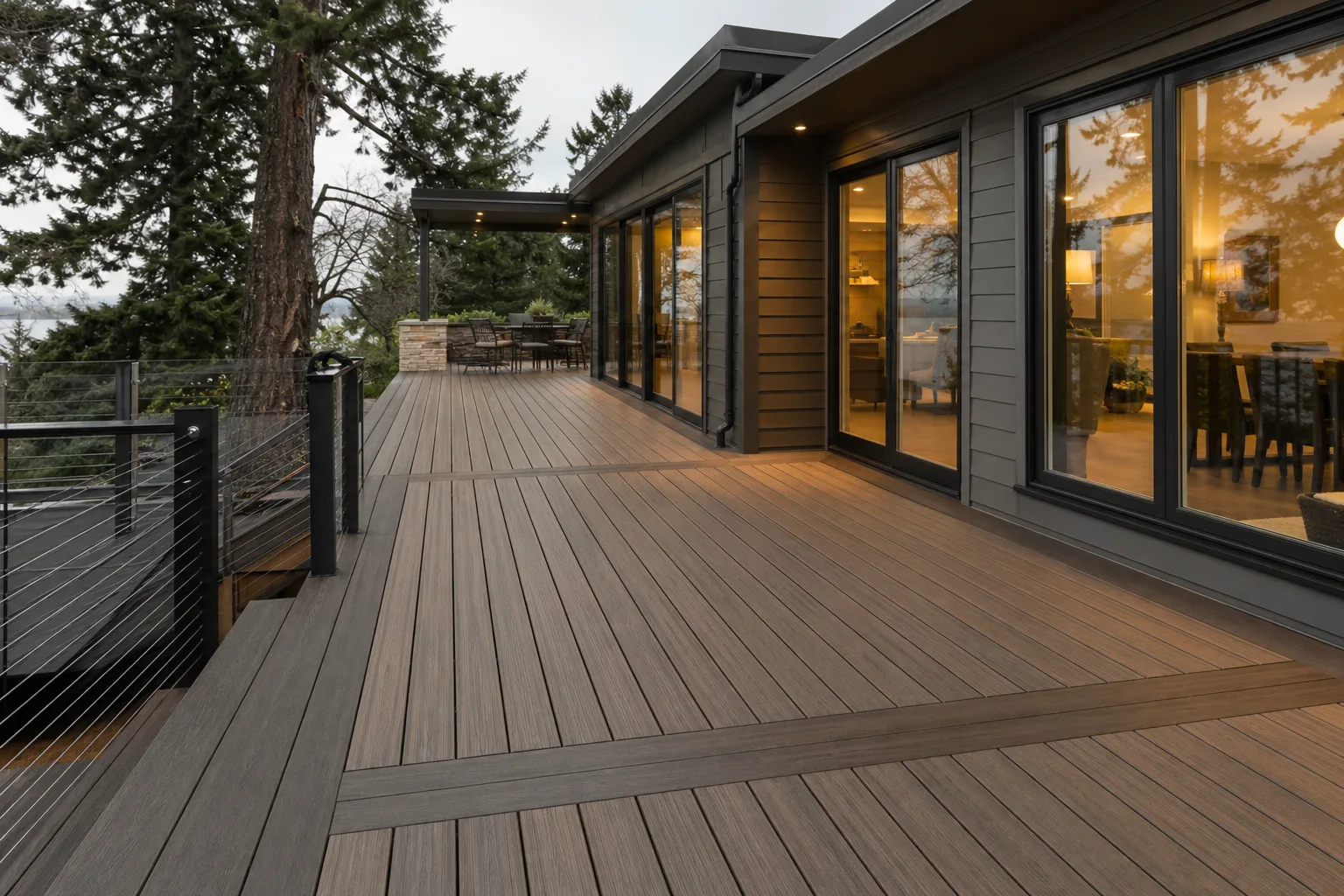 Finished composite deck with picture-frame border boards and cross-board transitions