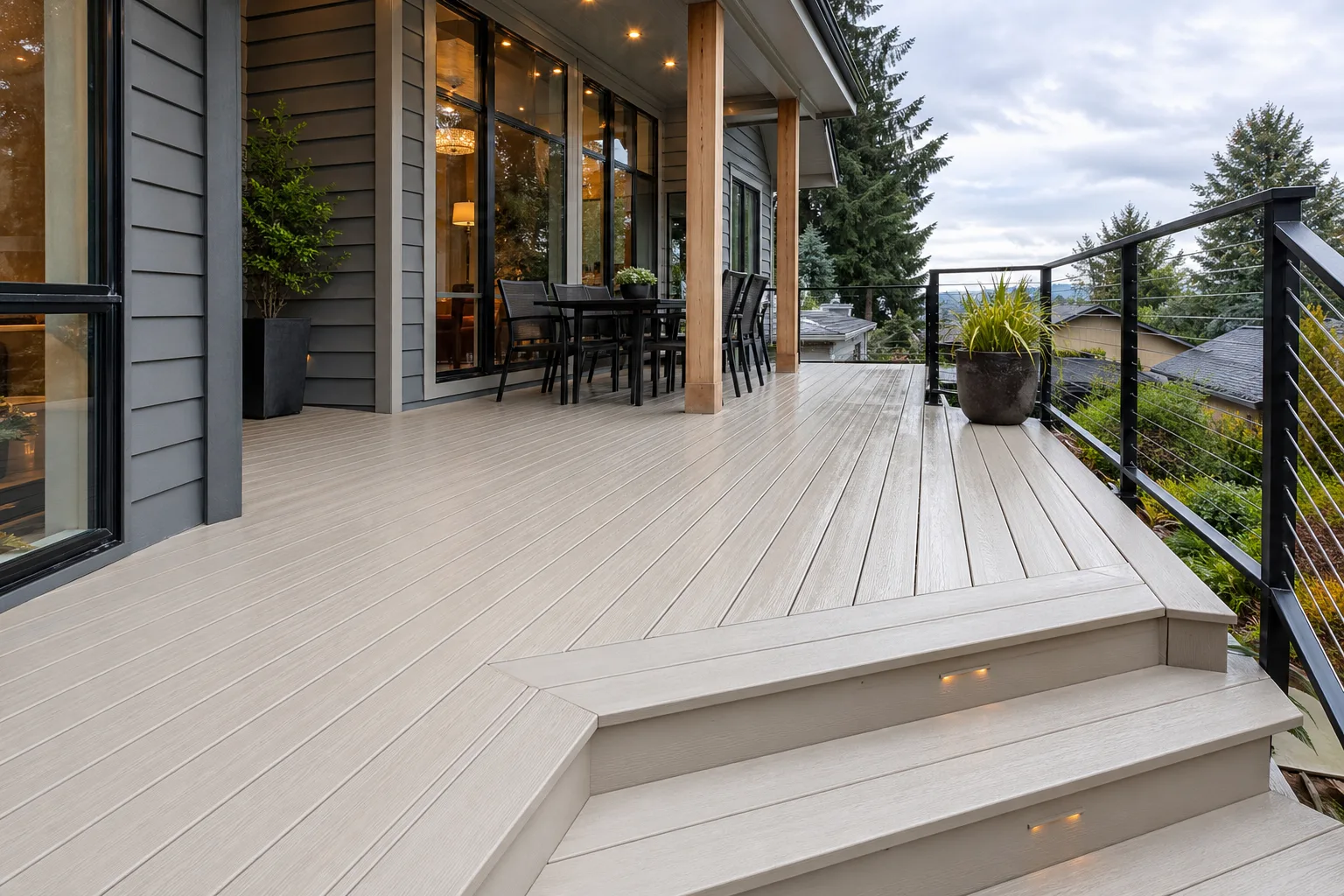 Finished PVC deck with picture-frame border boards and clean contractor-grade detailing