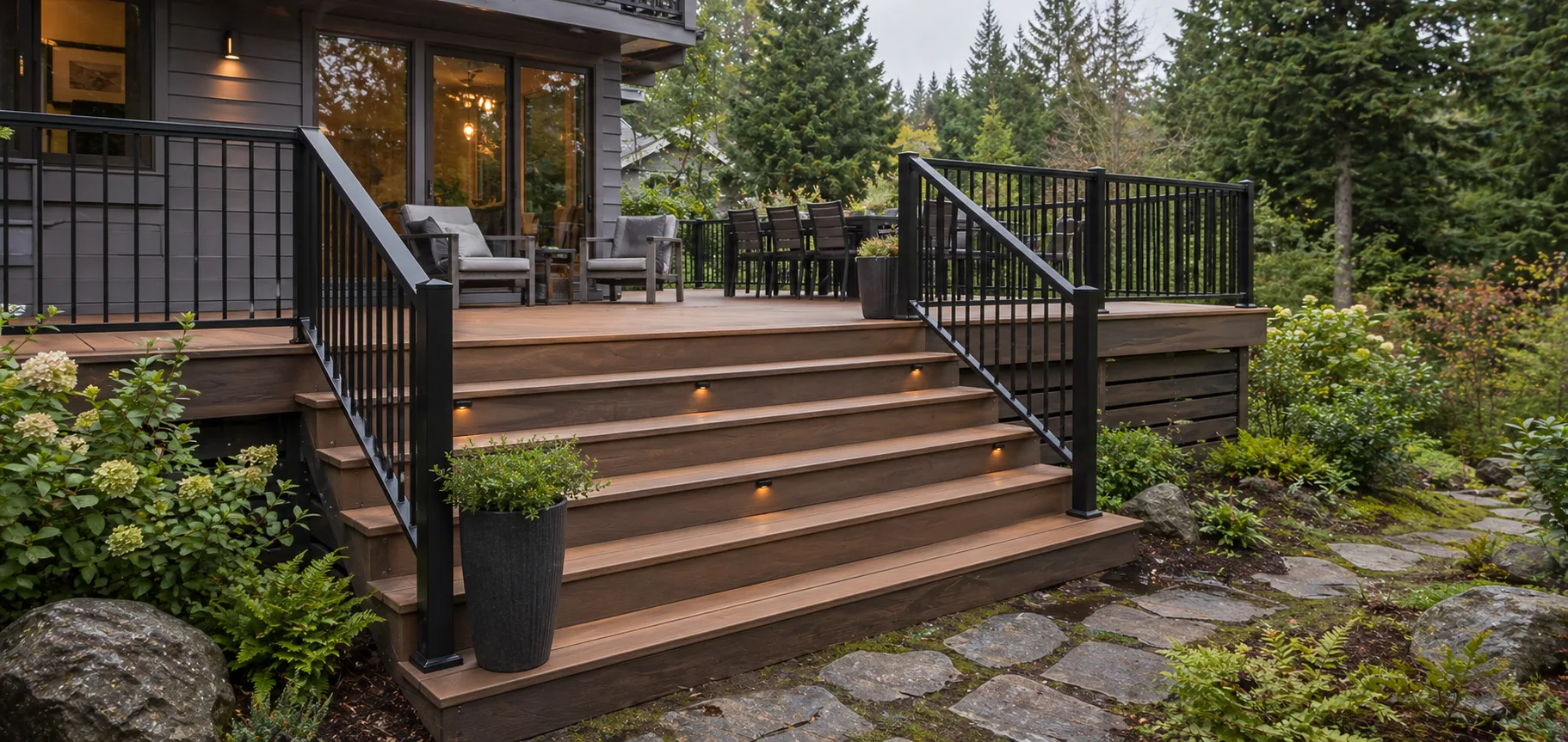 Finished deck stairs and railing leading to a backyard