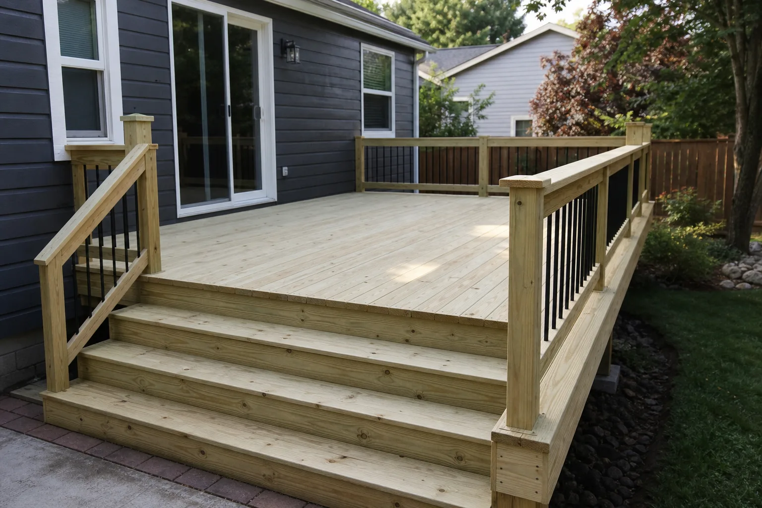 Realistic pressure-treated pine deck repair and rebuild with clean board endings, black railings, and practical stairs
