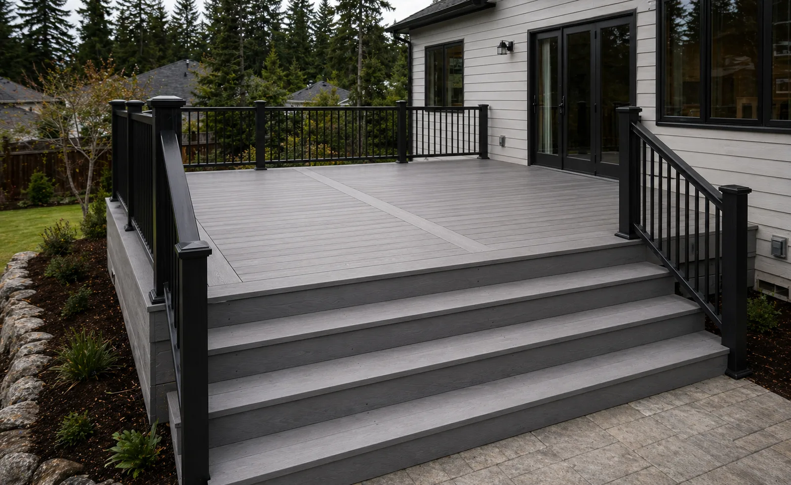 Finished replacement deck with clean stairs, railings, and contractor-grade details